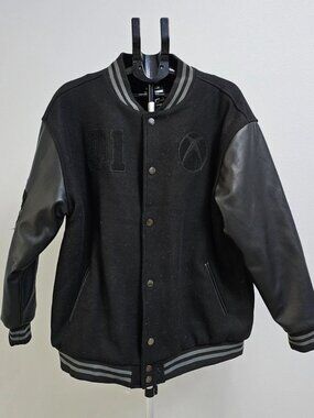 Xbox Varsity Bomber Jacket Faux Leather Sleeves Black